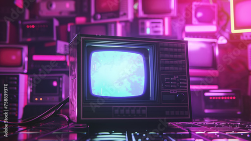 80s Retro wave style background displayed on vintage computer display Generative AI