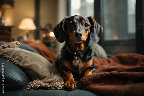 a dachshund dog is sitting on a couch with a brown blanket