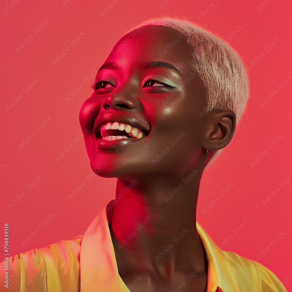 A skincare portrait of a joyful 20-year-old African model with blonde hair, beautifully set against a soft backdrop, enhanced by a luminous filter effect and ambient studio lighting