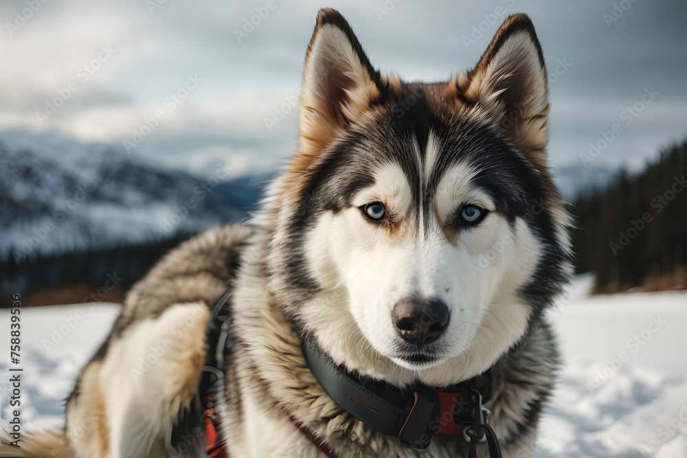 A Siberian Husky's Portrait with Piercing Blue Eyes and Playful Tongue, Set Against a snow Background -generative ai image A Siberian Husky's Portrait with Piercing Blue Eyes and Playful Tongue, Set Against a snow Background -generative ai image