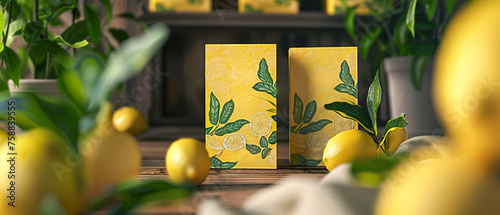 Mock ups of lemon-scented lemon boxes are displayed on a table with lemons