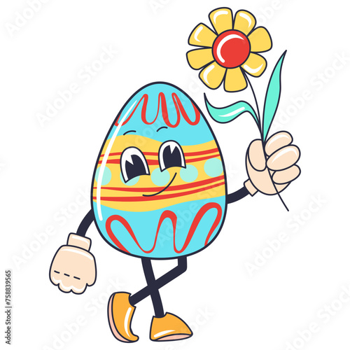 Cartoon happy Easter Groovy egg character with flower Holiday personage isolated on white background