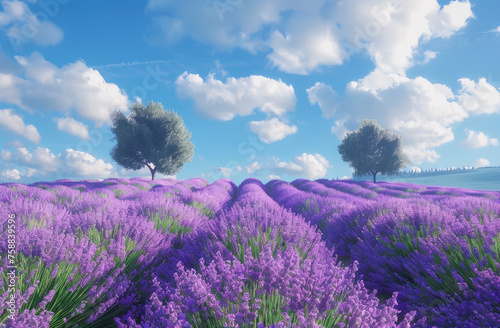 Lavender fields in the Provence region of France, beautiful sky, summer time, lavender field