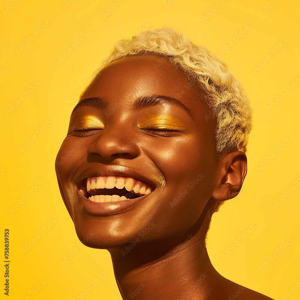 A skincare portrait of a joyful 20-year-old African model with blonde hair, beautifully set against a soft backdrop, enhanced by a luminous filter effect and ambient studio lighting