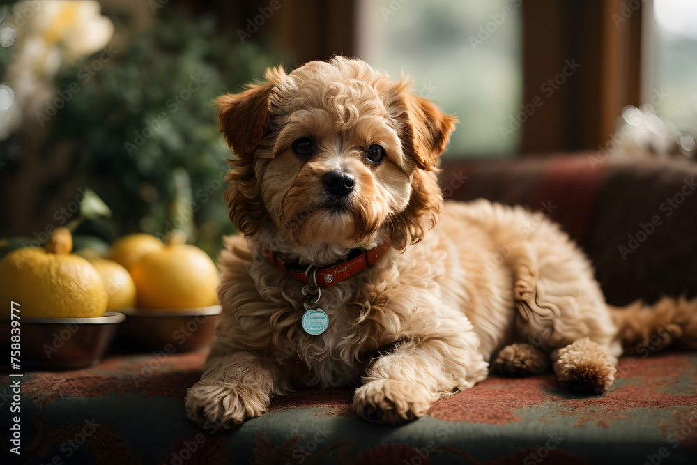Maltipoo Puppy Relaxing on Sofa