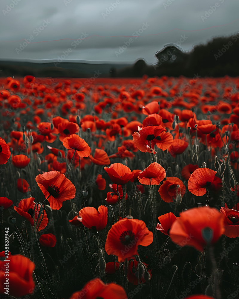Field of red poppies at sunset. Soft selective focus.
