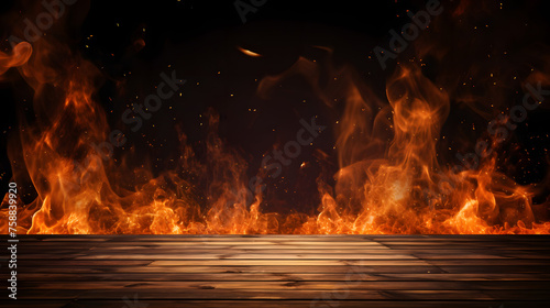 wooden table with Fire burning on a dark background