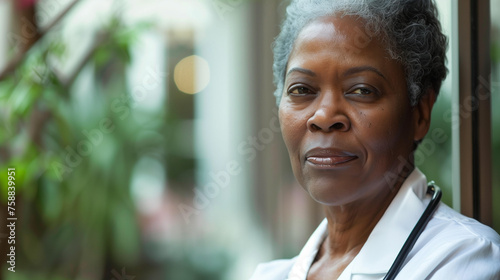 Portrait of an African American female doctor in her mid50s, standing outdoors with natural light streaming through the window. She has short gray hair and is wearing professional attire, including wh