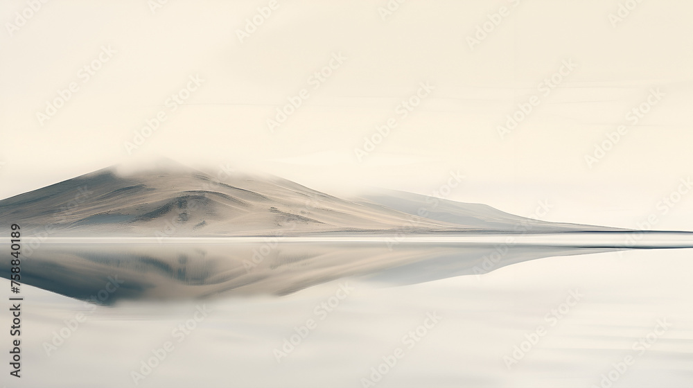 Mountain range reflected in the water. 3d render illustration.
