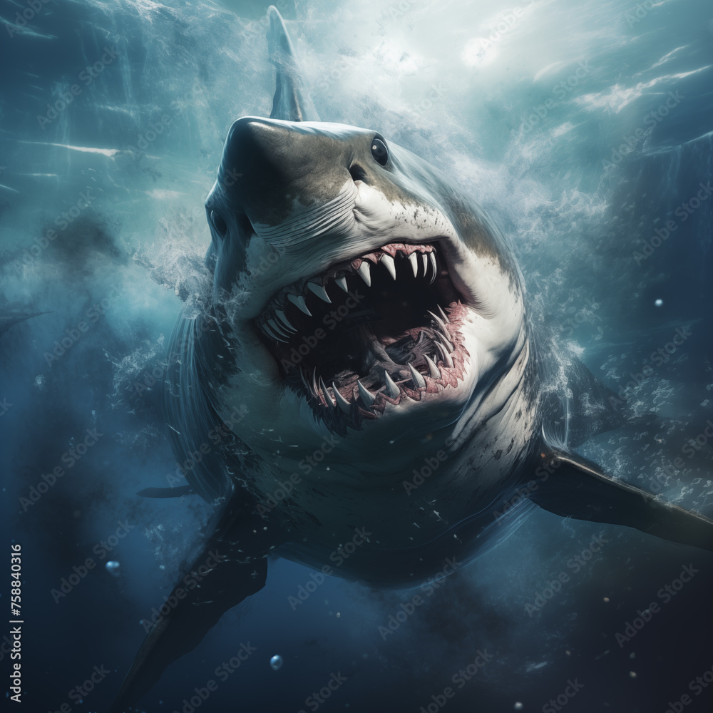 Great white shark with open mouth. Watch out sharks. Shark attack