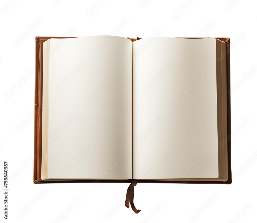 Fototapeta premium Open book with blank pages isolated on transparent background. Generative AI