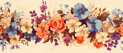 Colorful flowers on a beige background pattern. #758840377