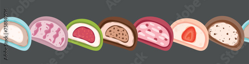 Mochi seamless border. Japanese Mochi with different fillings on black background. Asian sweet food. Japanese Mochi in rice dough in a row.