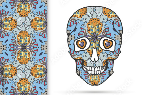 Day of The Dead colorful Sugar Skull with doodle ornament and decorative seamless floral geometric pattern. Hand drawn art background, tattoo, Halloween party card design, textile or paper print