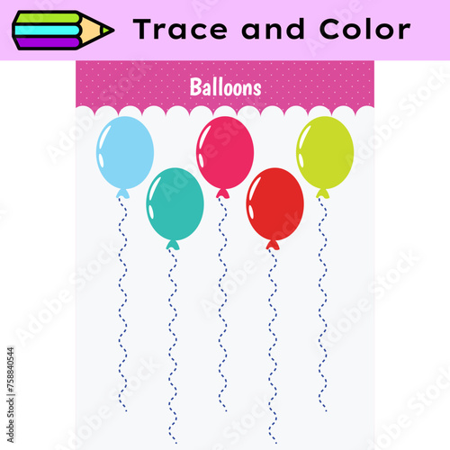 Pen tracing lines activity worksheet for children. Pencil control for kids practicing motoric skills. Balloons educational printable worksheet. Vector illustration.