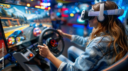 Vr driving school exam  woman controls car in simulator with steering wheel in class photo