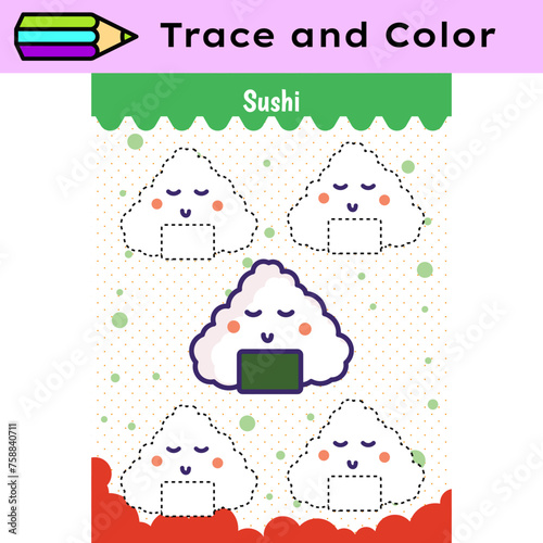Pen tracing lines activity worksheet for children. Pencil control for kids practicing motoric skills. Sushi educational printable worksheet. Vector illustration.