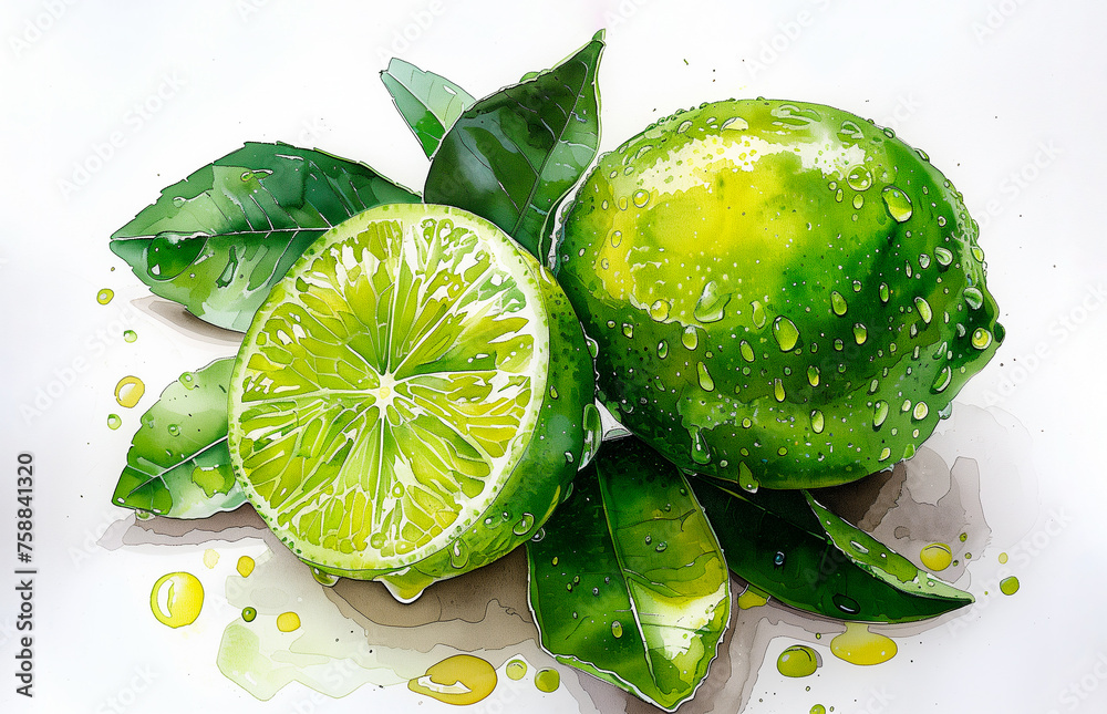 Fruit and lime watercolor, fresh lime. Fruit and lime watercolor, fresh lime.