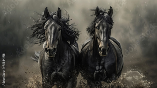 portrait of two Friesian horses