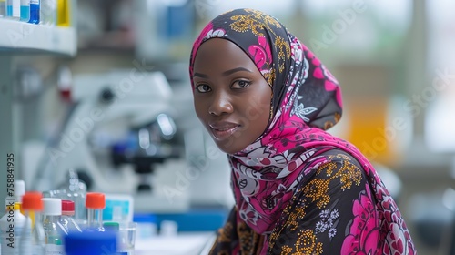 Wearing a vivid headscarf, an African American woman Muslim researcher at a lab confidently looking at camera and space, Generative AI. © Soudagar