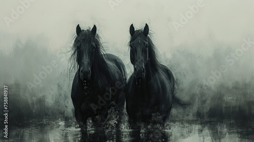 banner of two Friesian horses  illustration