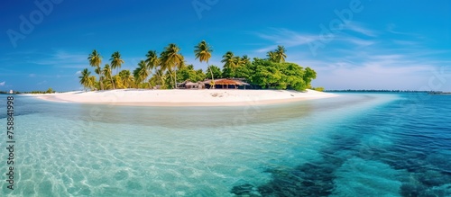 Tropical island with palm trees at Maldives. Panorama