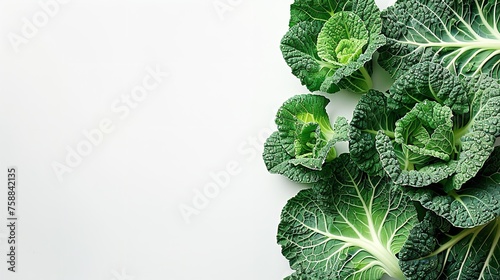 White setting with a cluster of savoy cabbage stems green stems represents health concern and space, Generative AI.