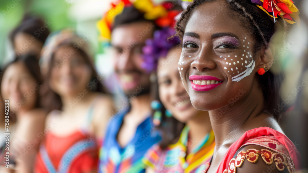 Woman in vibrant carnival attire with painted face enjoying the festivities. Woman in vibrant carnival attire with painted face enjoying the festivities.