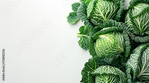 White setting with a cluster of savoy cabbage stems green stems represents health concern and space, Generative AI. photo