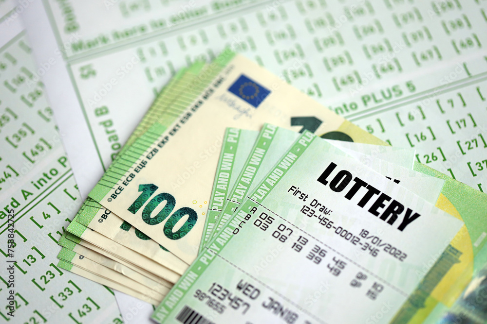 Green lottery tickets and euro money bills on blank with numbers for playing lottery close up Green lottery tickets and euro money bills on blank with numbers for playing lottery close up