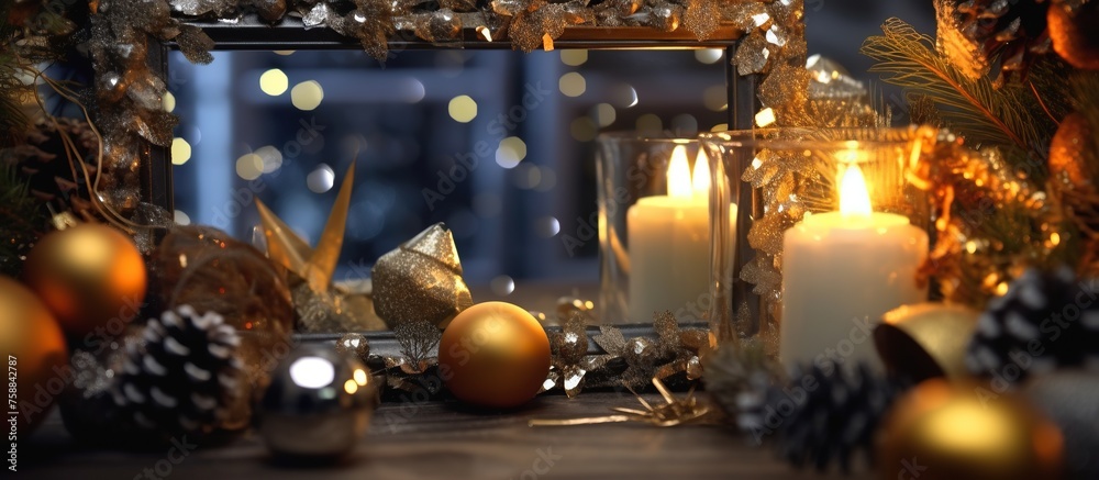 Christmas and New Year decoration with burning candle in vintage photo frame. Christmas and New Year decoration with burning candle in vintage photo frame.