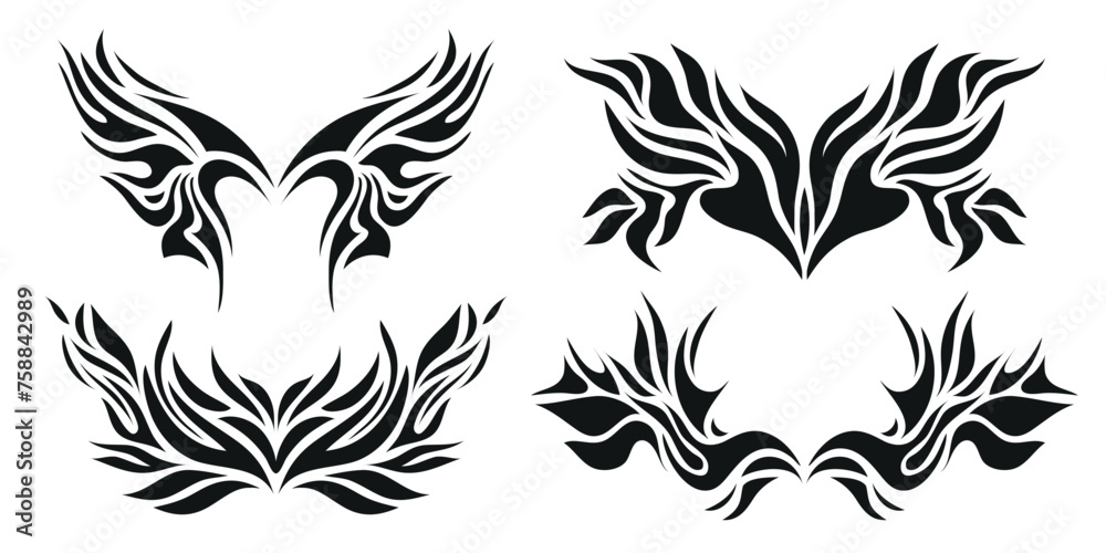 Vector set of y2k style neo tribal tattoos set, wings, fire flame silhouettes, grunge metal illustrations, butterflies. Vector set of y2k style neo tribal tattoos set, wings, fire flame silhouettes, grunge metal illustrations, butterflies.