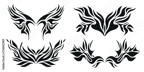 Vector set of y2k style neo tribal tattoos set, wings, fire flame silhouettes, grunge metal illustrations, butterflies. photo