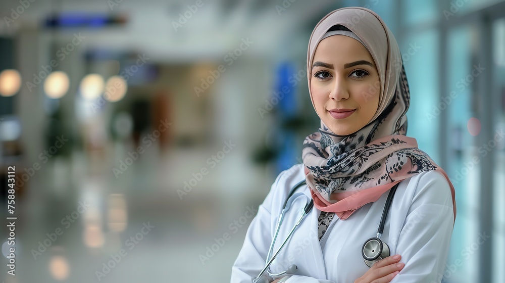 With a blurry medical backdrop a self confident Muslim female doctor standing with a big space for text or product a official type of environment, Generative AI.