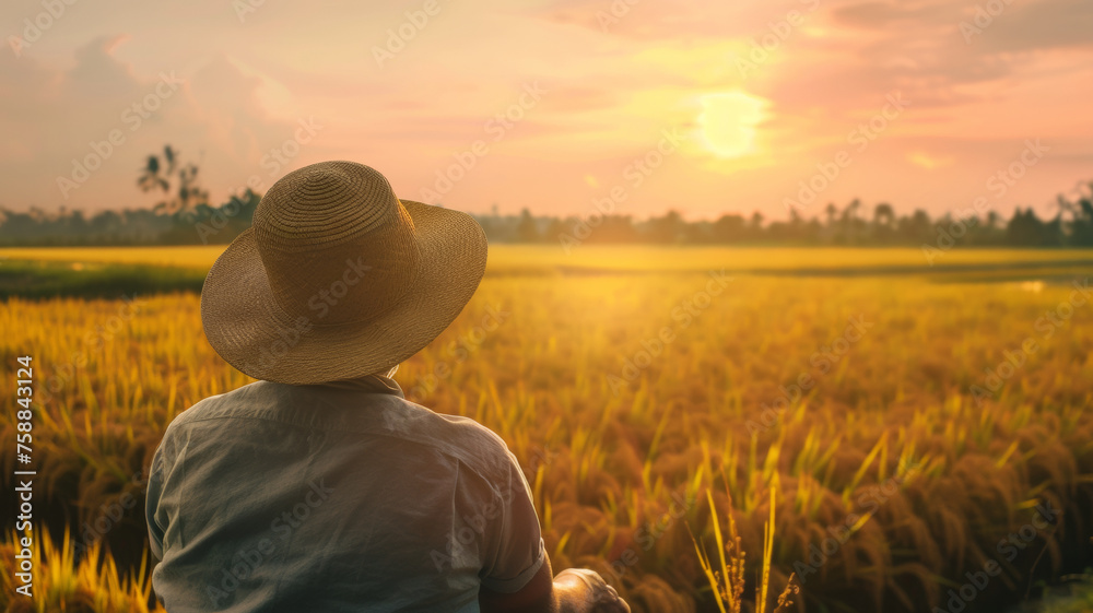 Fototapeta premium A contemplative figure gazes at a golden field, bathed in the warm light of dusk.
