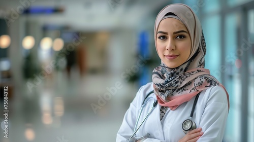 With a blurry medical backdrop a self confident Muslim female doctor standing with a big space for text or product a official type of environment, Generative AI. © Soudagar