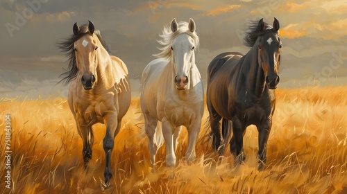 Majestic Equine Artistry  Three Galloping Horses Amid Golden Wheat Field   Dynamic Rural Scene  Wild Horses Racing Across Vibrant Countryside   Equestrian Elegance  Majestic Horses Running Free in Cou