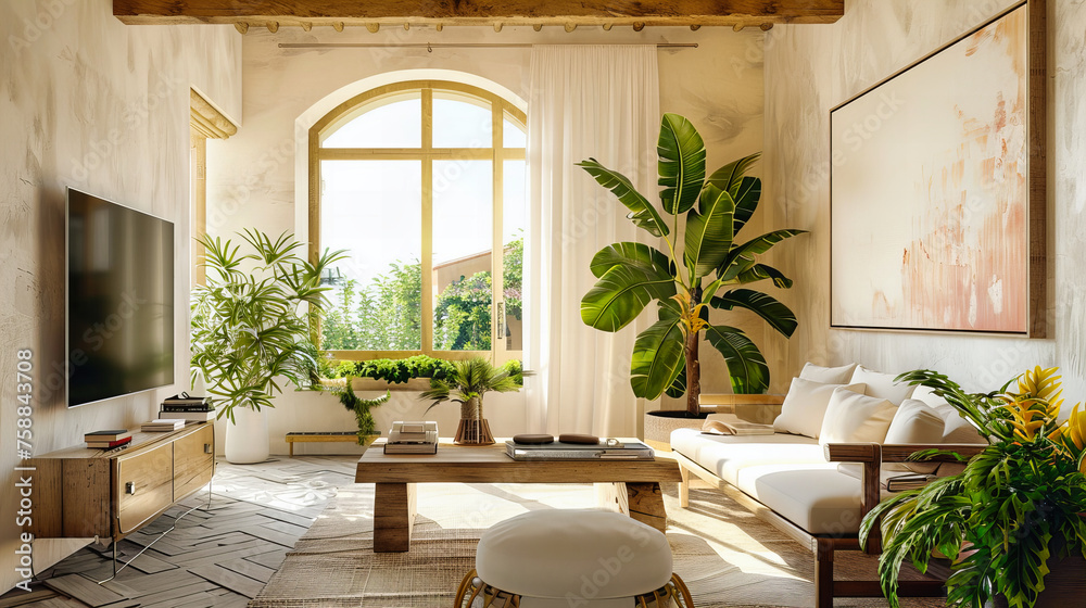 Cozy Living Room with Green Plants and Stylish Furniture, Modern Scandinavian Design with Natural Light