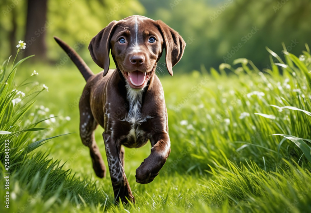 A dog german shorthaired pointer puppy with a happy face runs through the colorful lush spring green grass A dog german shorthaired pointer puppy with a happy face runs through the colorful lush spring green grass
