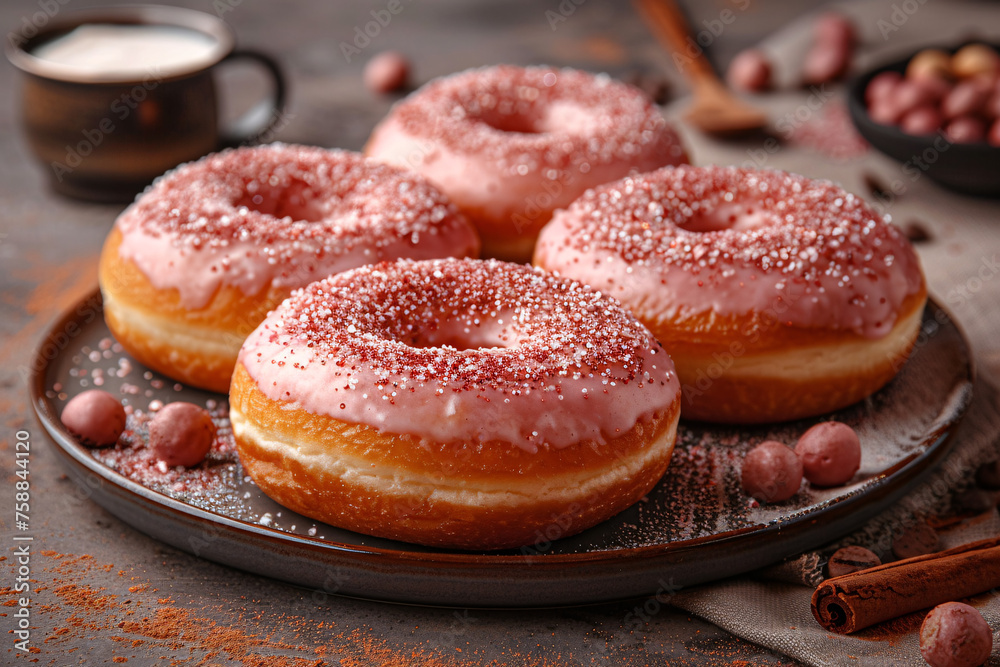 Sugar Coated Sensations Playful Donuts Arranged in Harmony Stacks of Happiness Colourful Donuts to Brighten Your Day
