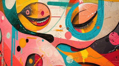 Vibrant abstract graffiti artwork with cartoonish eyes on a textured background. Contemporary street art illustration