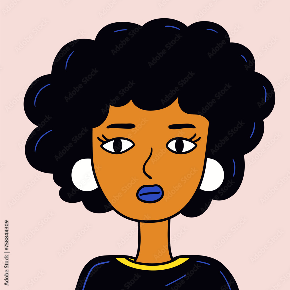 Afro american girl portrait in doodle style. Young woman with curly black hair. Character portrait vector illustration. Avatars of woman Afro american girl portrait in doodle style. Young woman with curly black hair. Character portrait vector illustration. Avatars of woman