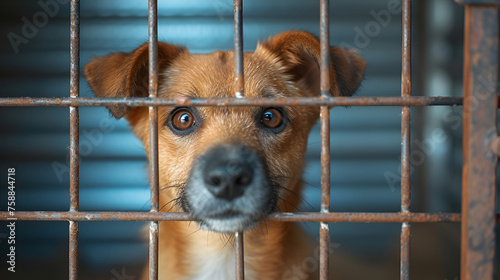 Stray homeless dog in animal shelter cage with a sad abandoned hungry dog behind old rusty grid of the cage. generative ai