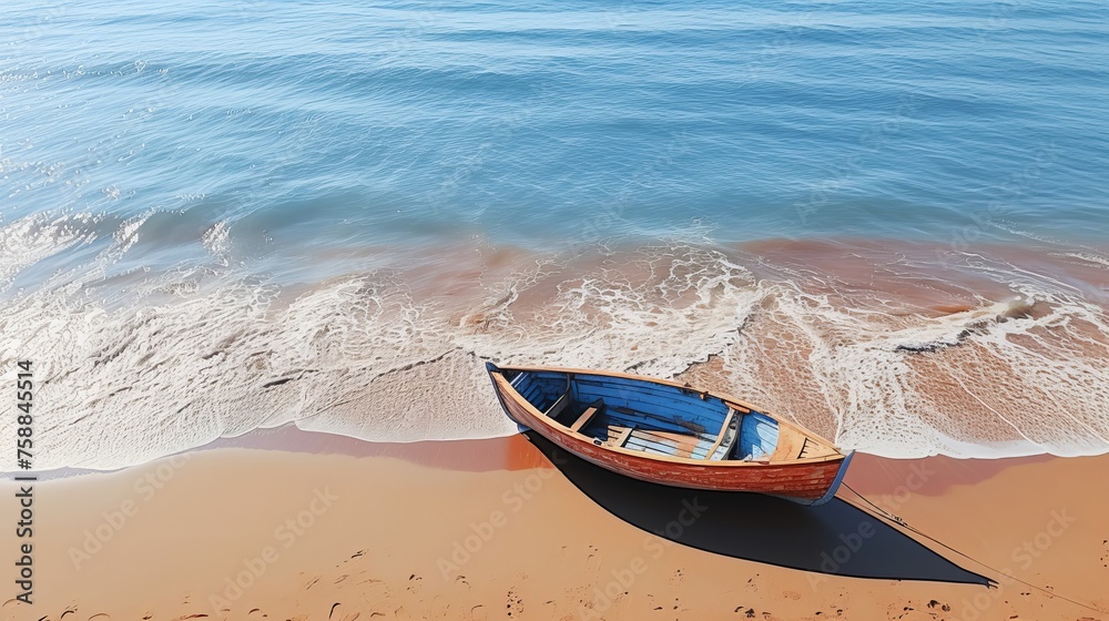 Aerial view of a stunning paradise beach with a boat docked on the crystal clear waters Aerial view of a stunning paradise beach with a boat docked on the crystal clear waters