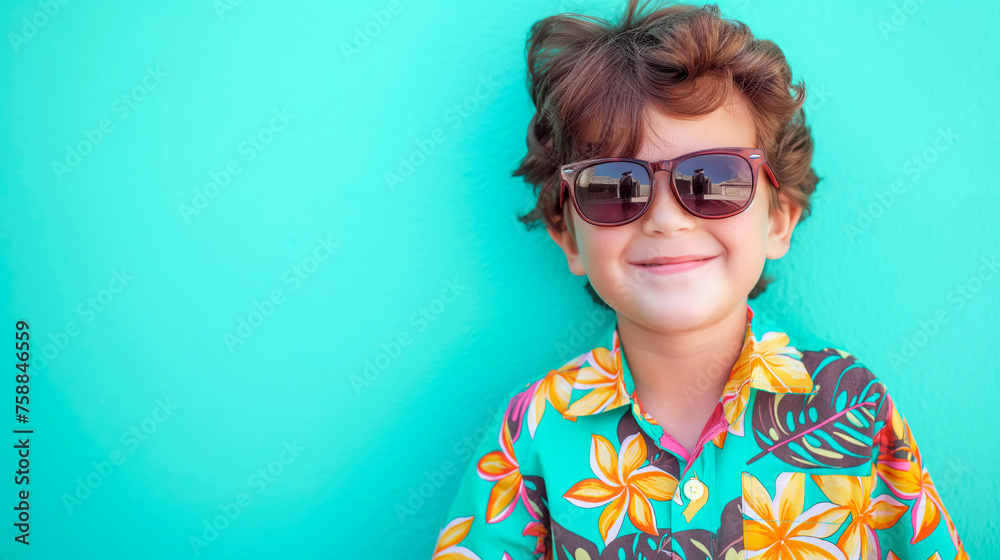Cute little boy smiling and wearing sunglasses over turquoise background with empty space for text. Summer vacation concept. Cute little boy smiling and wearing sunglasses over turquoise background with empty space for text. Summer vacation concept.
