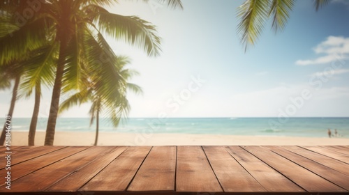 Empty wooden table on a blurred background of the sea coast.