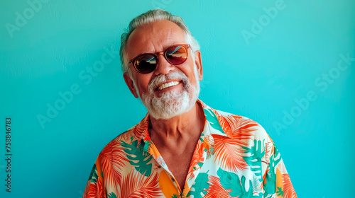 Elderly man wearing sunglasses, hawaiian shirt and smiling over turquoise background with empty space for text. Summer vacation concept. #758846783