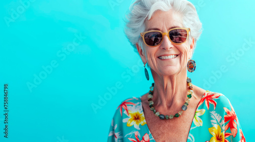 Elderly woman wearing sunglasses and smiling over turquoise background with empty space for text. Summer vacation concept. #758846798