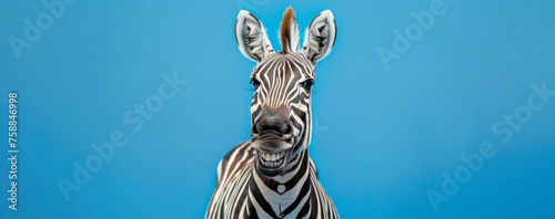 A smiling zebra on a blue background	
