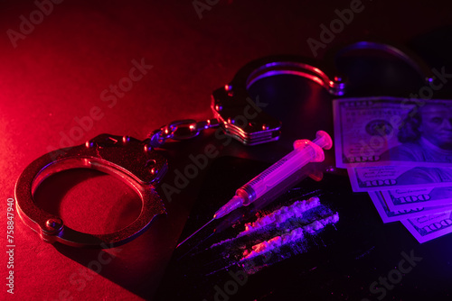 Fotografía Handcuffs, drug syringe and drug powder and money